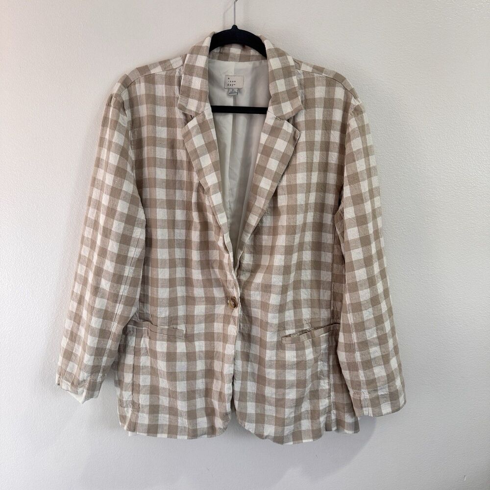 A New Day Blazer Jacket XL Linen Blend Gingham Check Retro Tan White Preppy